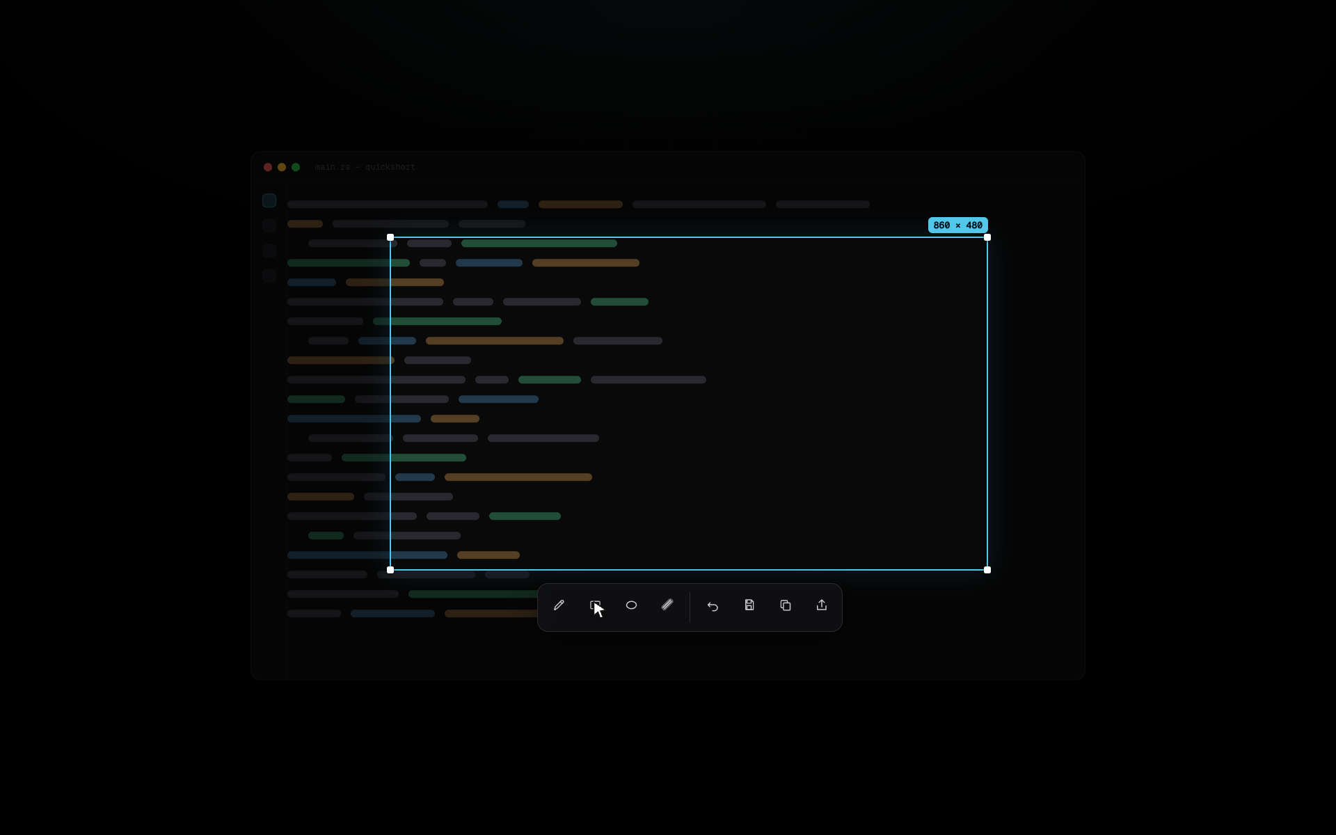 Quickshort dimmed overlay covering an editor window with the selection rect and annotation toolbar