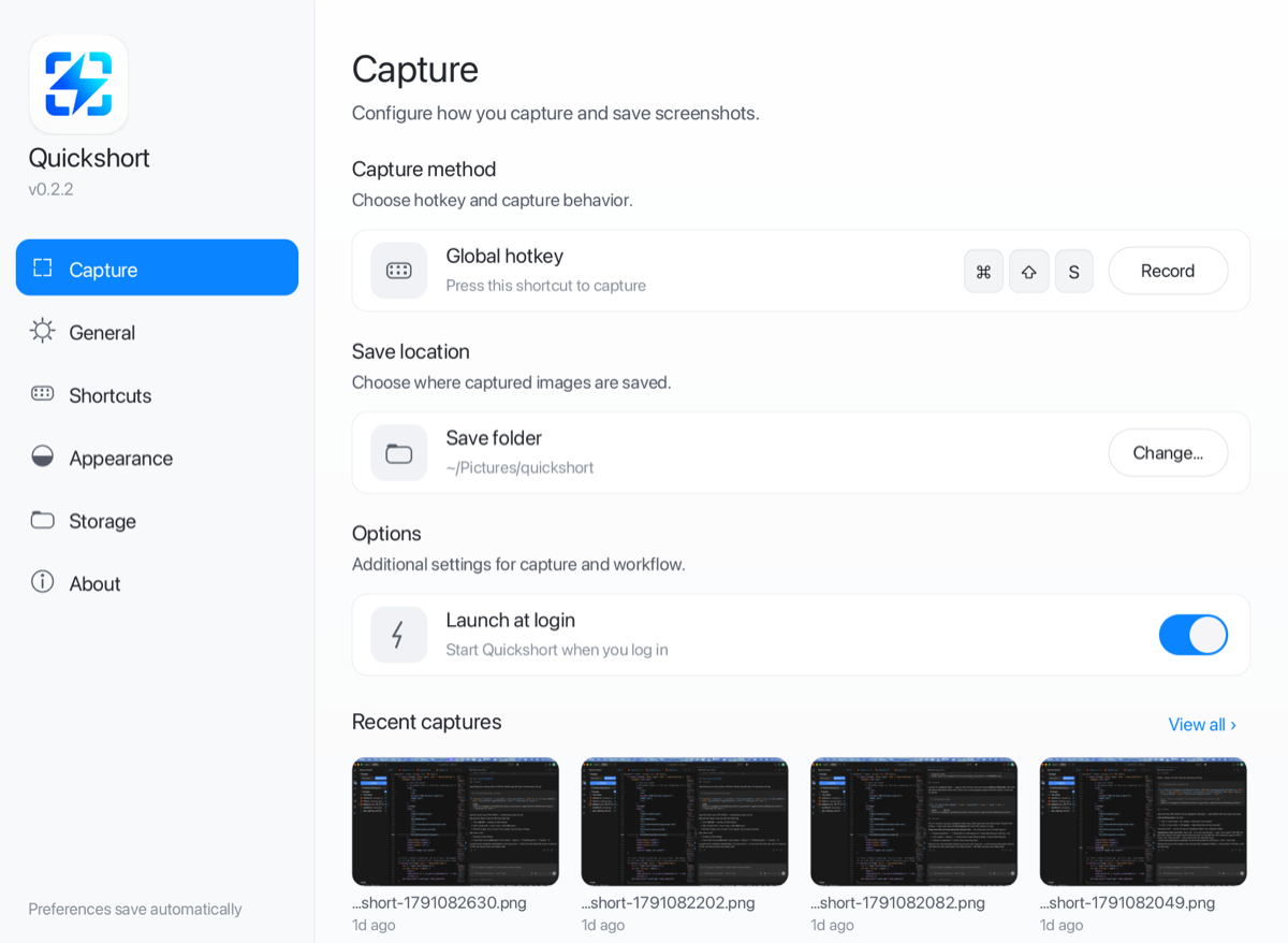 Quickshort Settings window: hotkey recorder, save folder, launch at login, recent captures