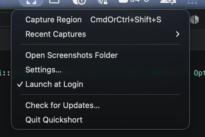 Quickshort tray menu with Capture Region, recents, settings and update check